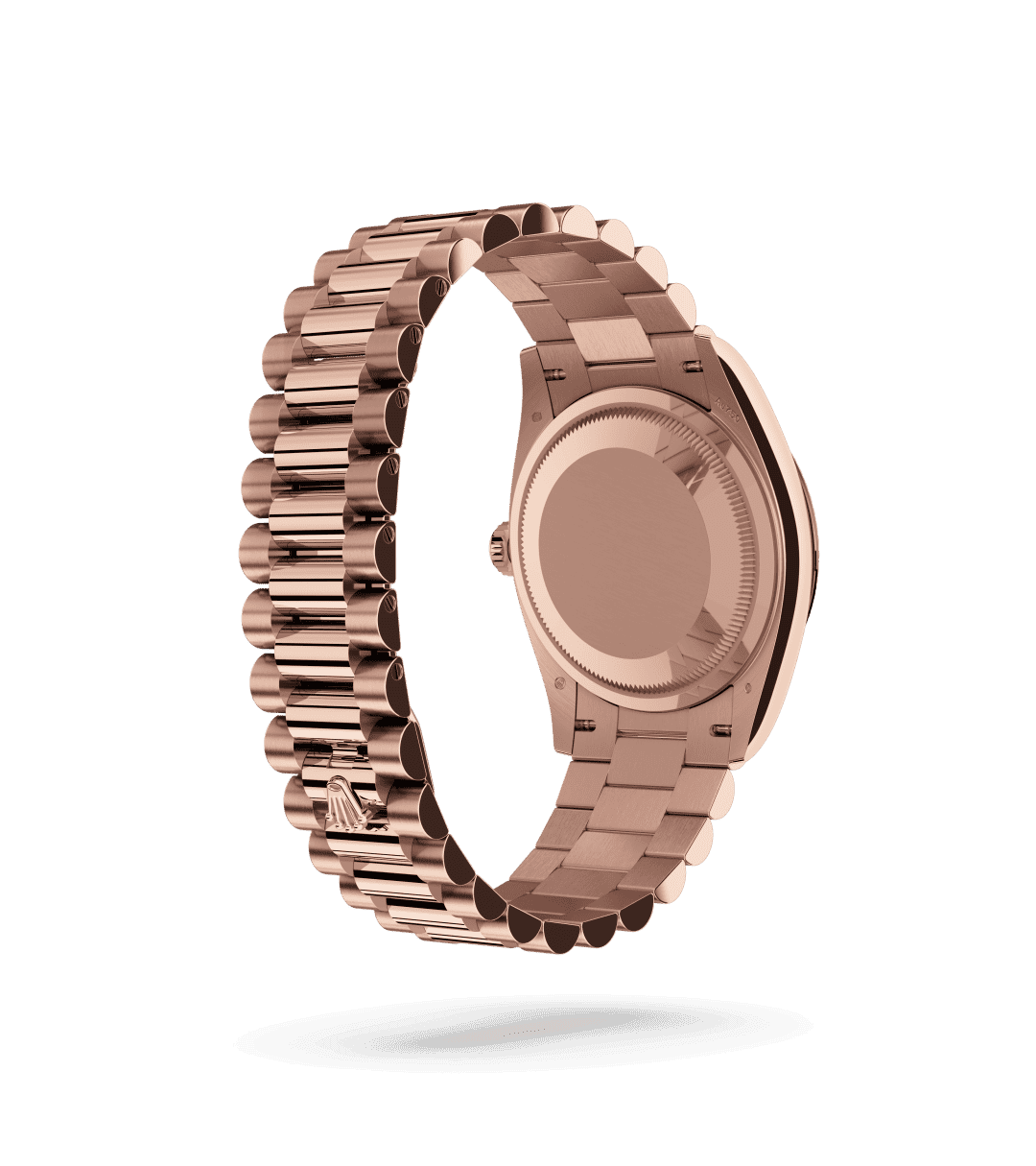 Rolex Day-Date 36 in Oyster, 36 mm, Everose-goud with a Rosékleurig bezet met diamanten dial, Gekarteld bezel, and President, halfronde driedelige schakels bracelet
