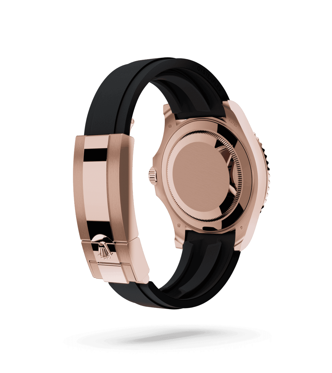 Rolex Yacht-Master 40 in Oyster, 40 mm, Everose gold with a Intense black dial, Bidirectional rotatable 60-minute graduated bezel with matt black Cerachrom insert in ceramic, polished raised numerals and graduations bezel, and Oysterflex bracelet
