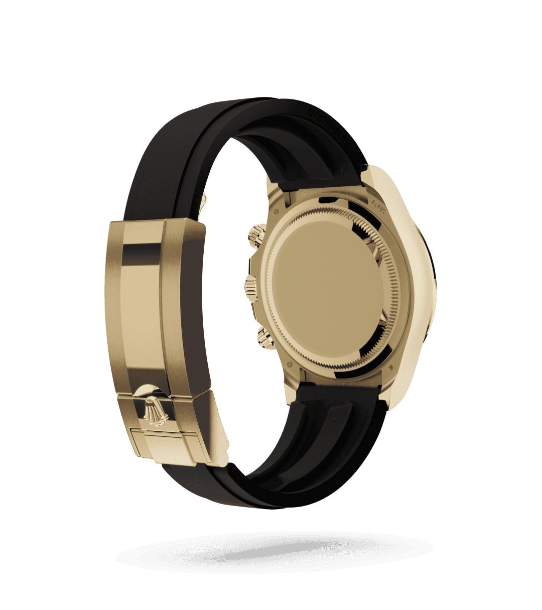 Rolex Cosmograph Daytona in Oyster, 40 mm, yellow gold with a Golden and bright black dial, Black monobloc Cerachrom bezel in ceramic with moulded tachymetric scale bezel, and Oysterflex bracelet