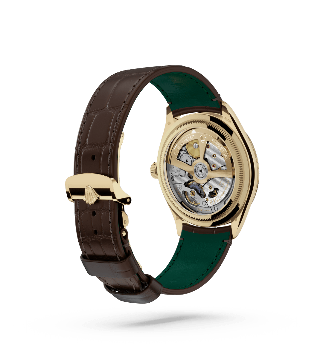 Rolex 1908 in 39 mm, 18 kt geelgoud, gepolijste afwerking with a Hagelwit dial, Gewelfd en gekarteld bezel, and Lederen band bracelet