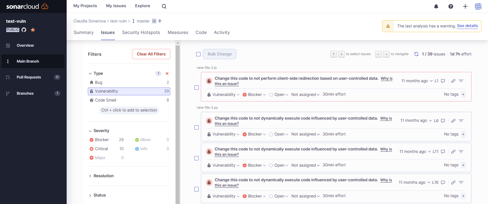 Screenshot of a list of security vulnerabilities in SonarCloud.