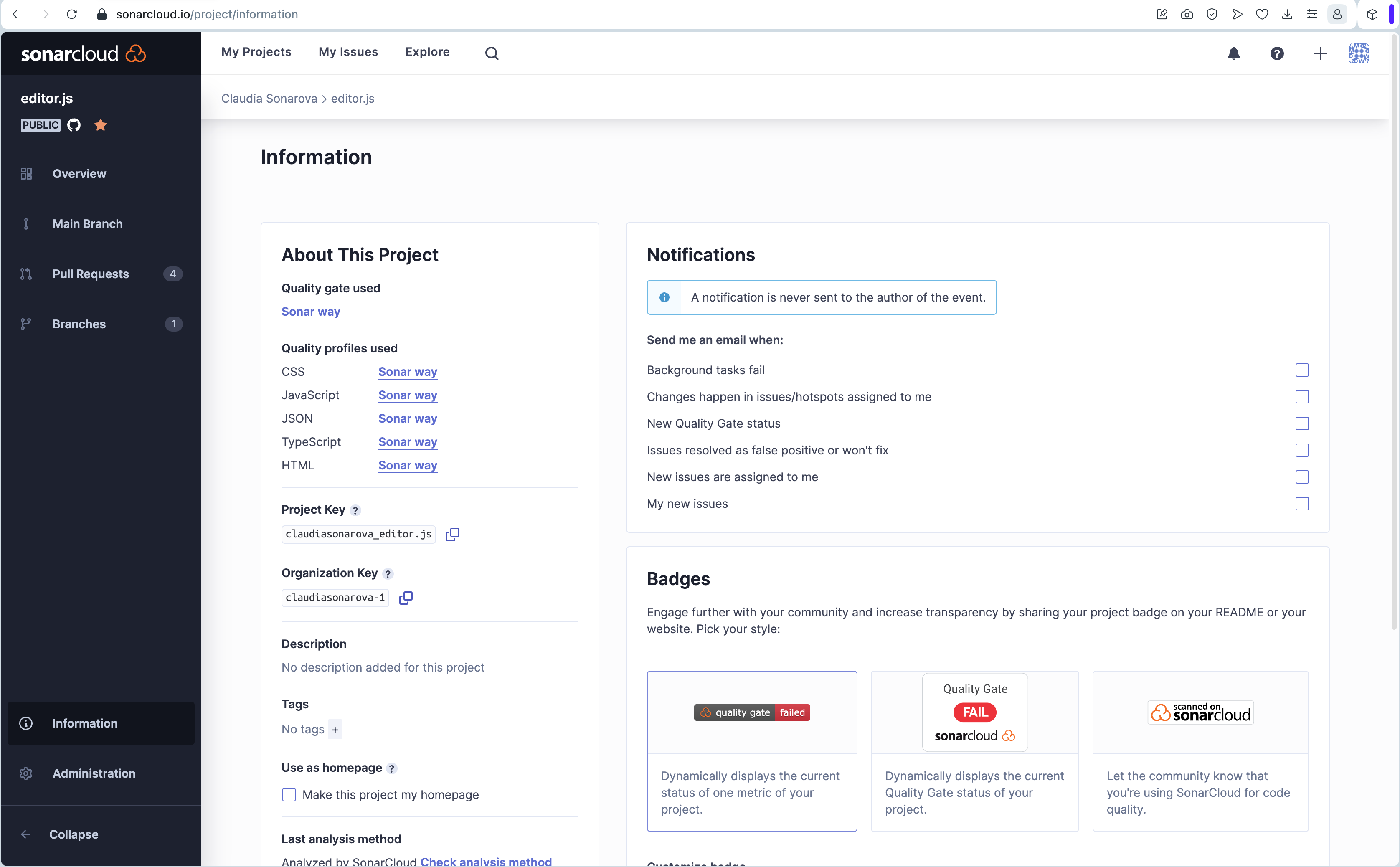 Where to find all of your SonarCloud project Information in one place.