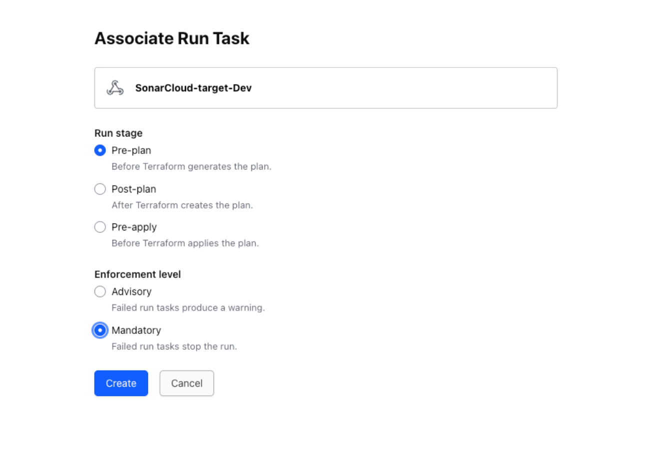 Choose the correct Run stage for the SonarCloud task in Terraform. 