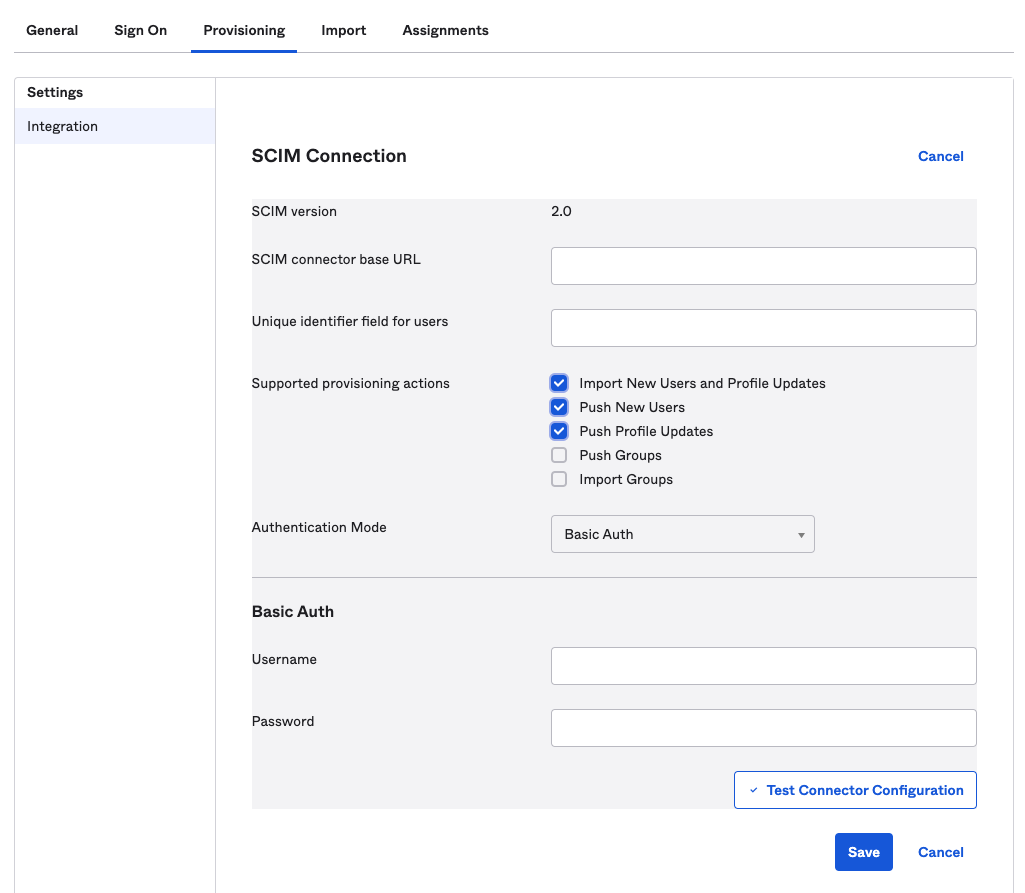 Screenshot of the SCIM connection screen.