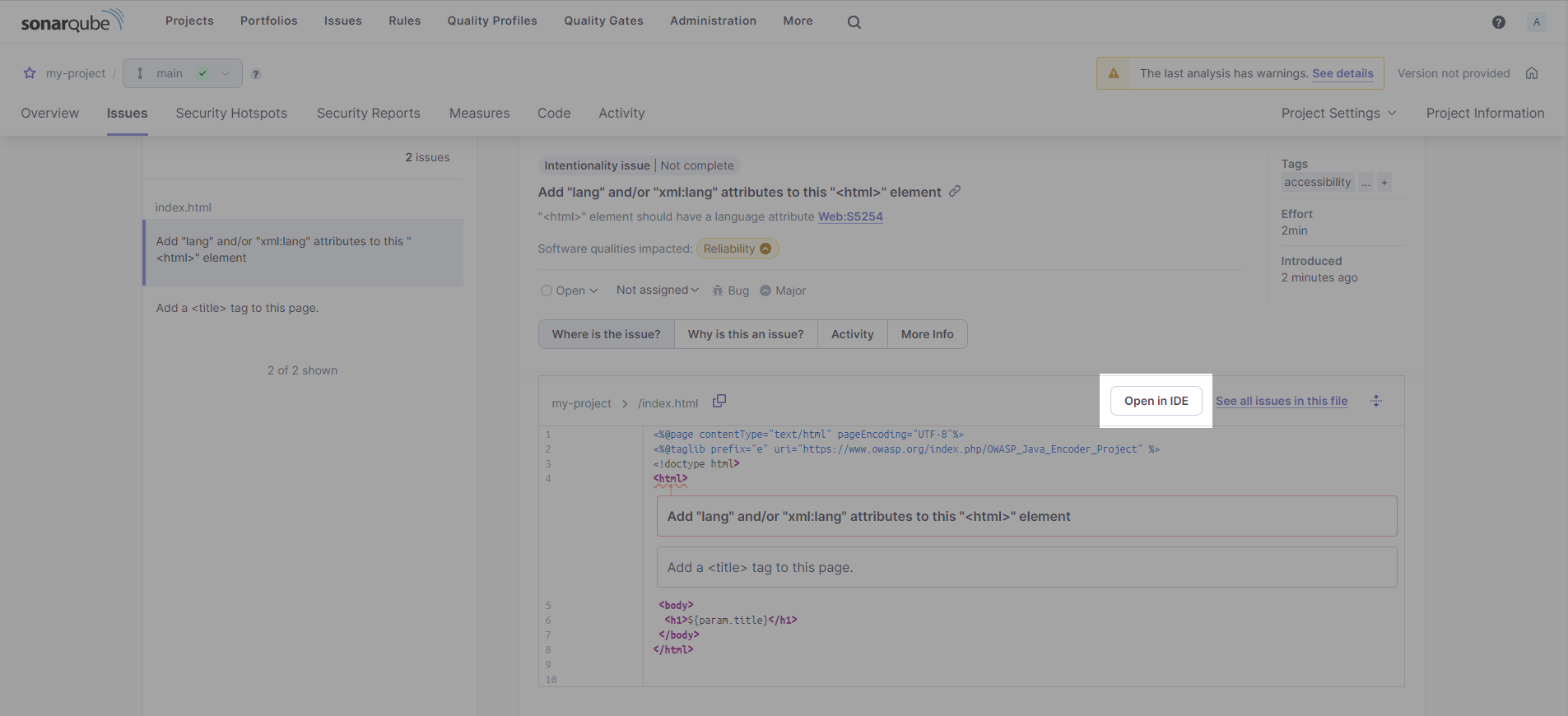 From SonarQube 10.3+ and on SonarCloud, select Open in IDE to open the issue in SonarLint.