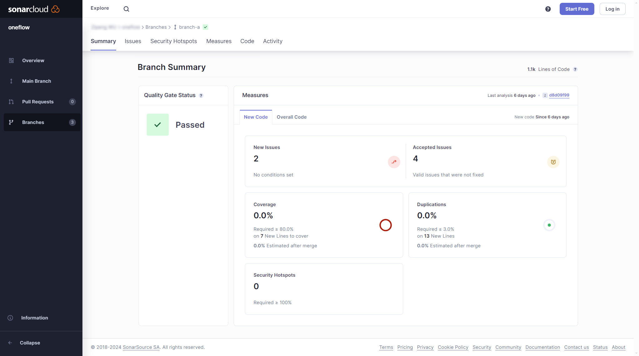 View of a long-lived branch analysis page in SonarCloud.