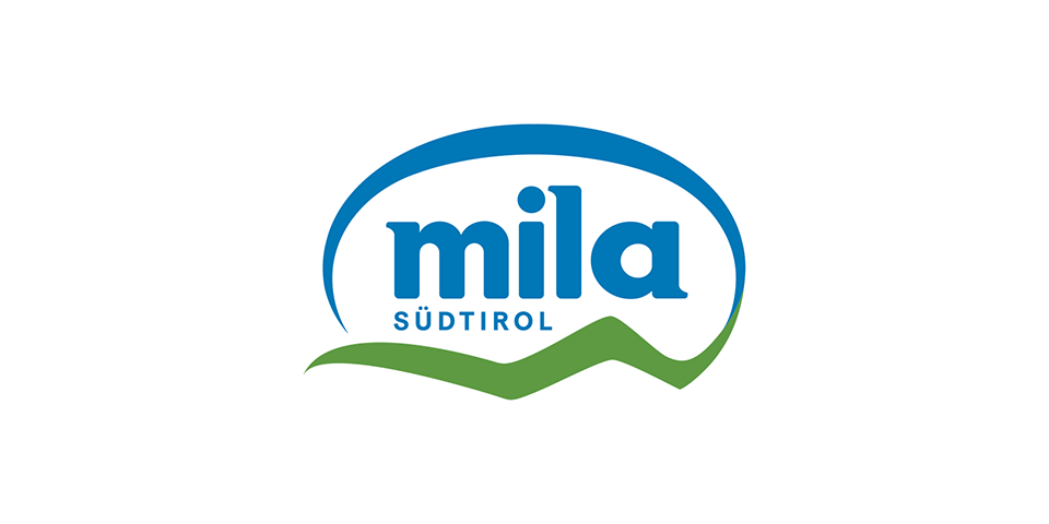 Mila Südtirol-Logo mit blauem Schriftzug und stilisiertem grünen Berg.