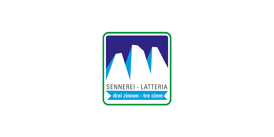 Logo der Sennerei "Tre Cime" mit den drei Gipfeln des Lavaredo, mit den Worten "Sennerei" und "drei zinnen".