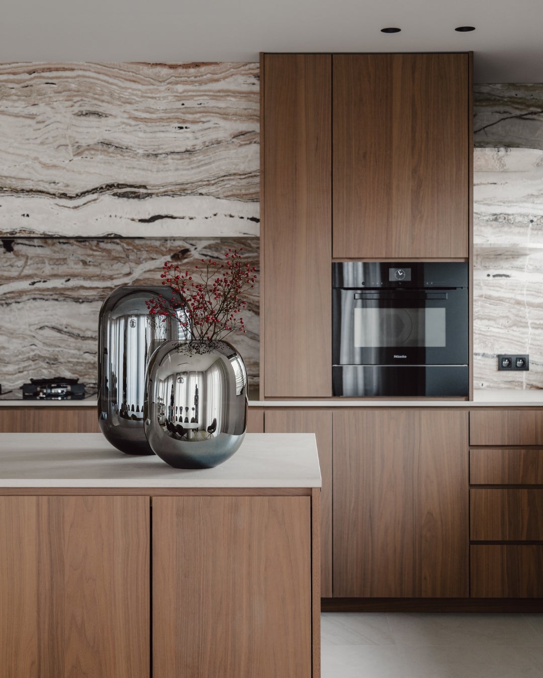 wood veneer - kitchen design - shinnoki frozen walnut - cabinetry - stone and wood