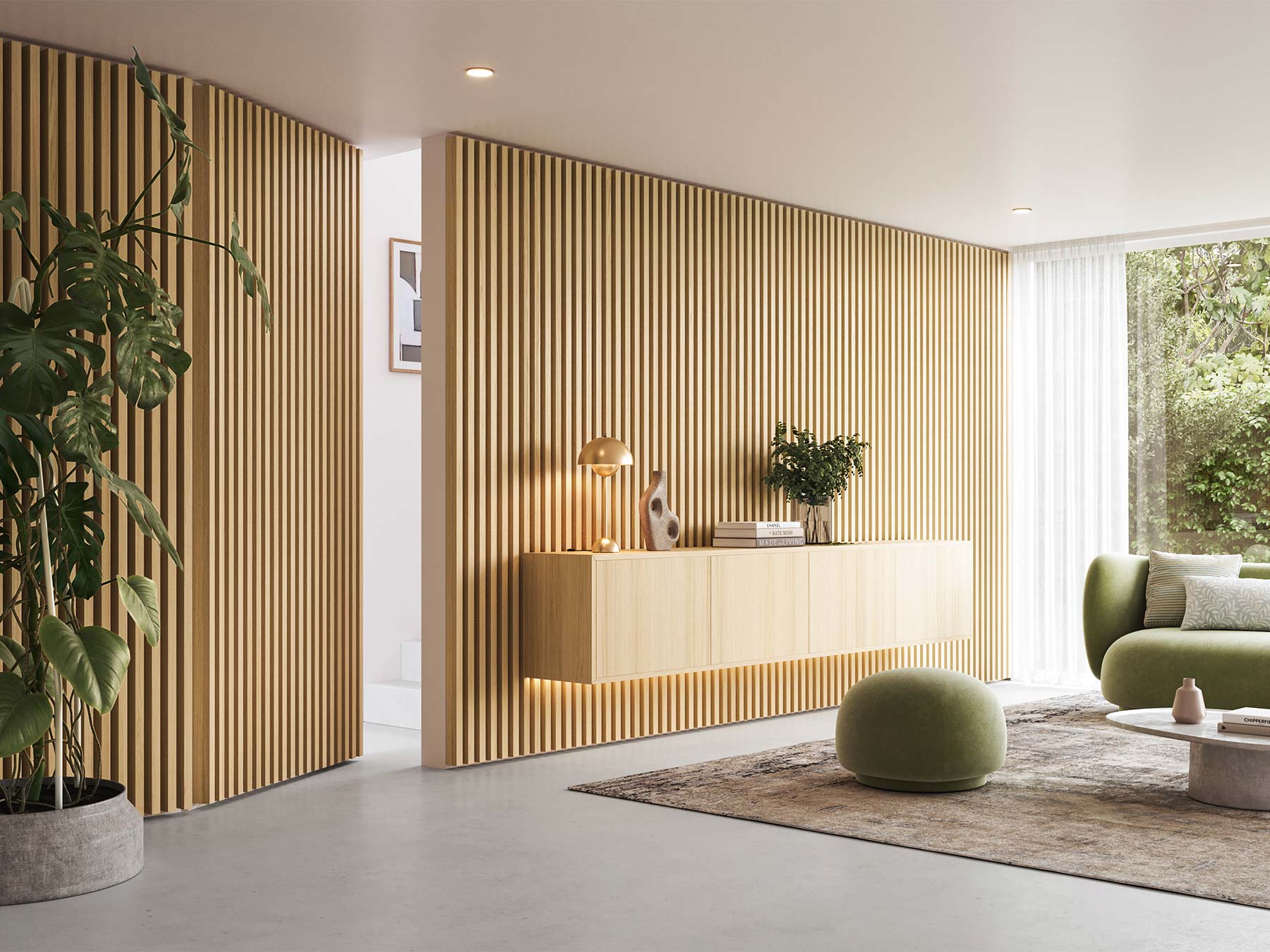 modern living room with wooden slats - Astrata - ivory oak