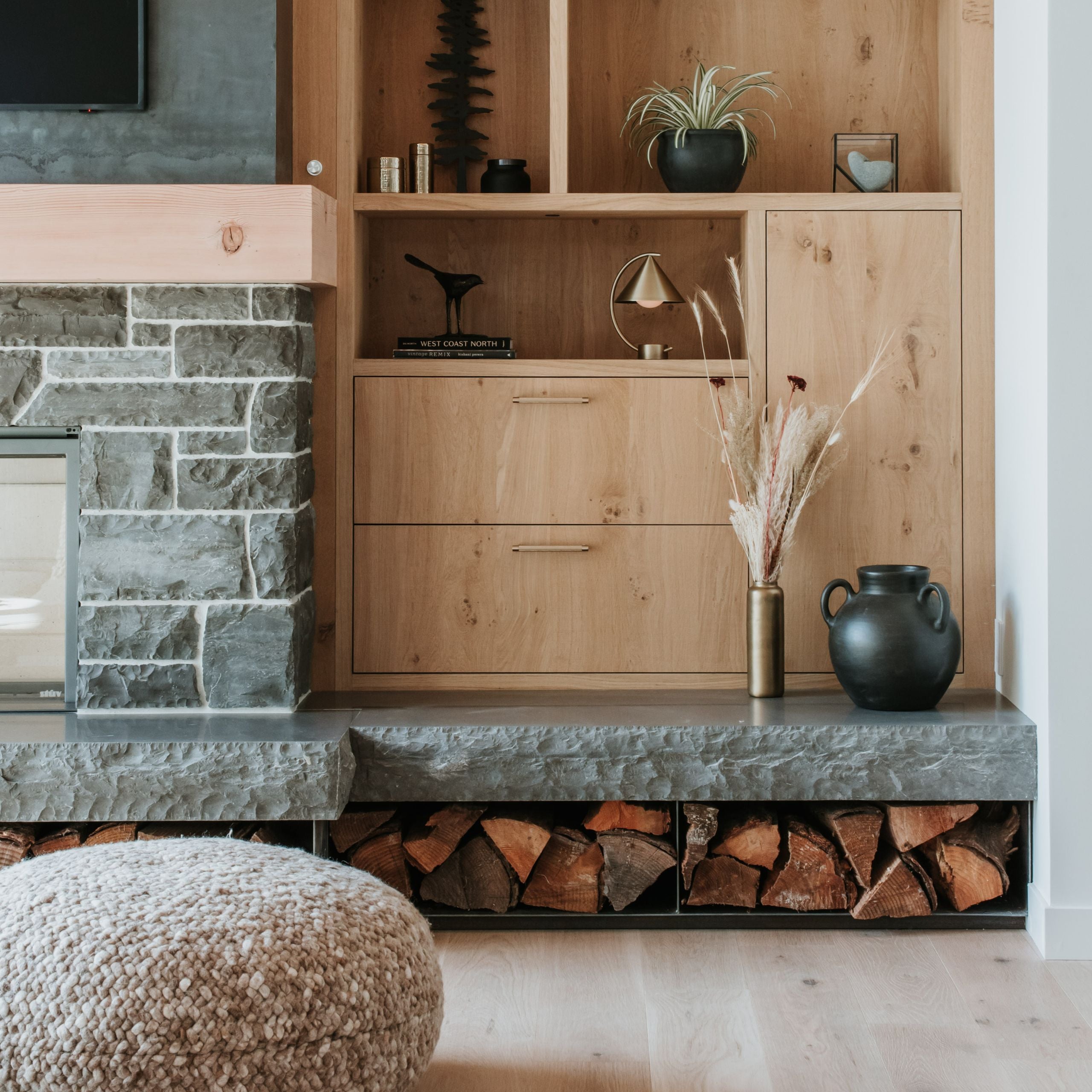 Fireplace home interior with wood veneer