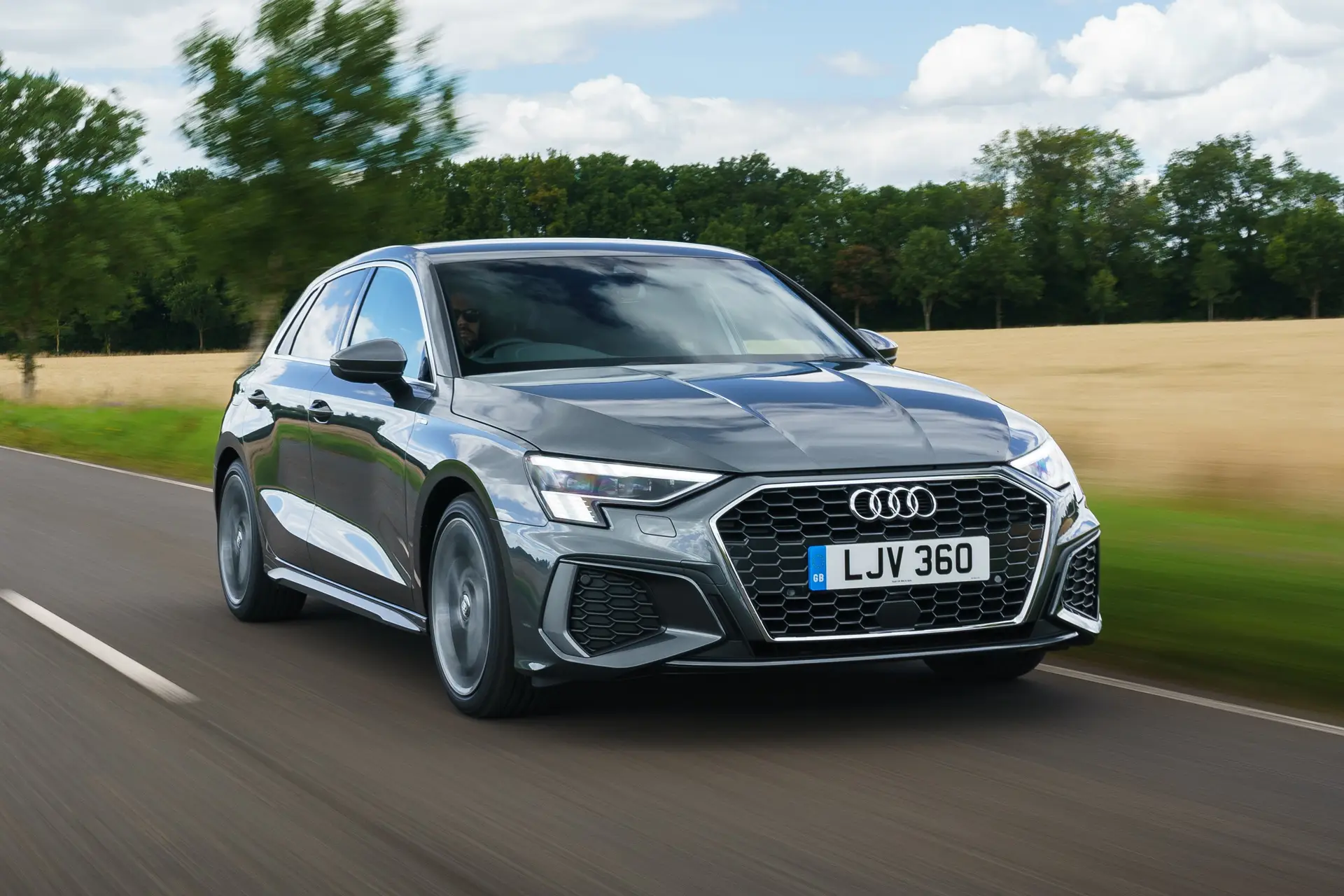 Audi A3 Review 2023: exterior front three quarter photo of the Audi A3 Sportback on the road