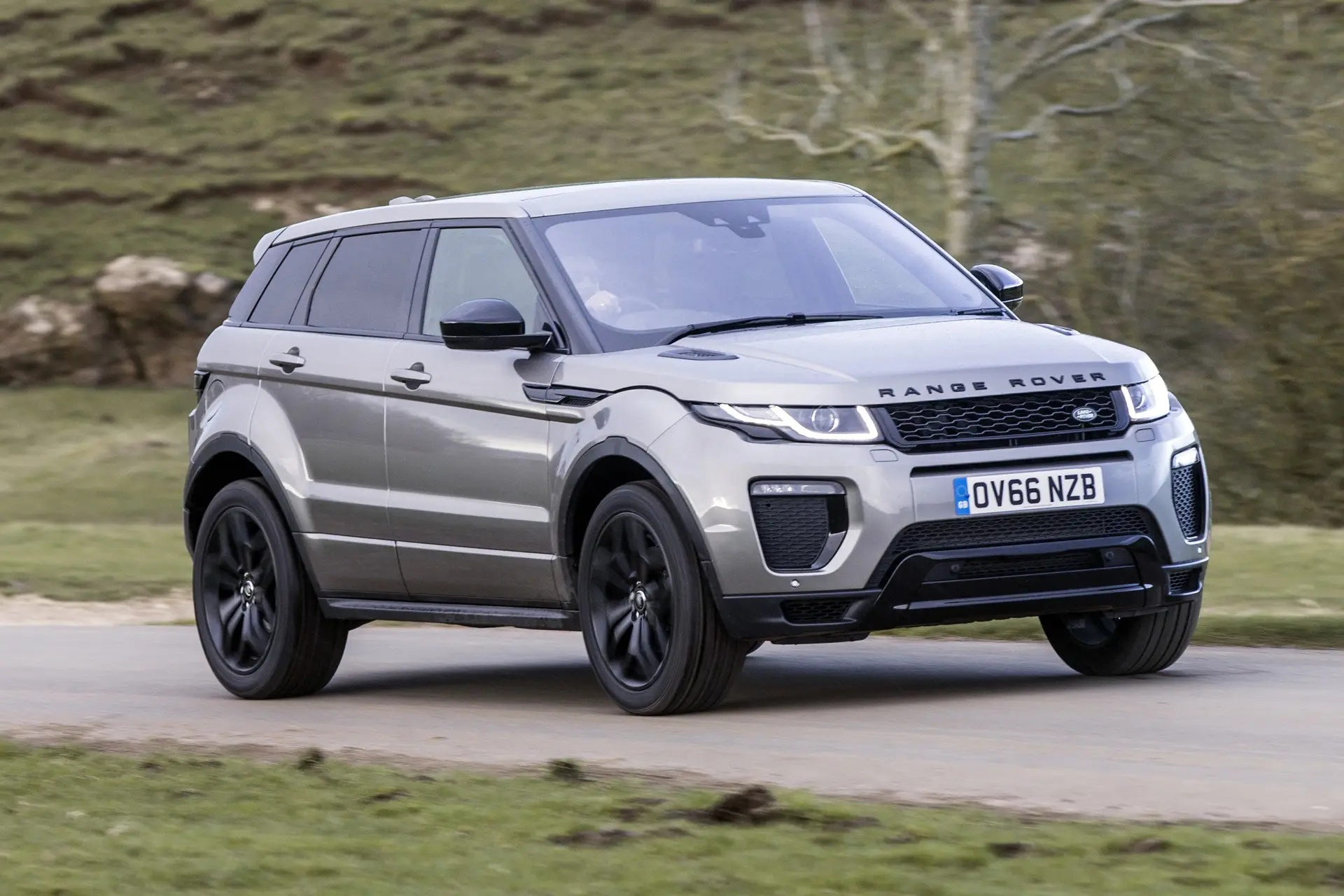 Range Rover Evoque (2011-2019) Review: exterior front three quarter photo of the Range Rover Evoque on the road