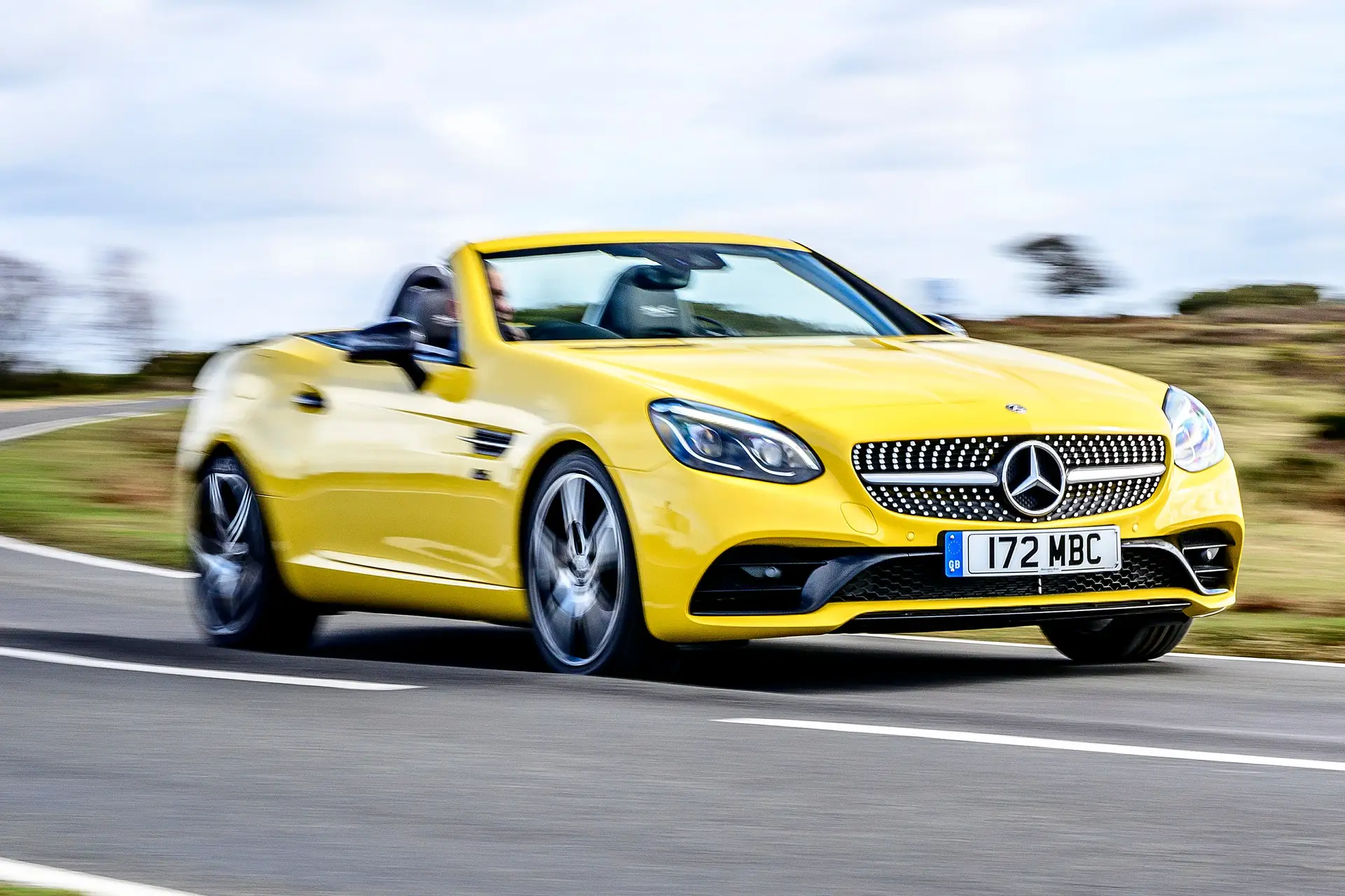 Mercedes-Benz SLC (2016-2020) Review: exterior front three quarter photo of the Mercedes-Benz SLC on the road
