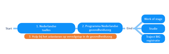 Blok 1: start. Blok 2: Nederlandse taalles. Blok3: Programma Nederlandse gezondheidszorg. Blok 4 onder blok 2 en 3: Hulp bij het orienteren op vervolgstap in de gezondheidszorg. Blok 5: Werk of stage, Studie, Traject BIG registratie