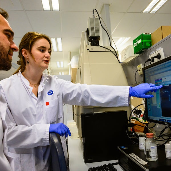 Laboranten in het loboratorium bekijken computerbeeld