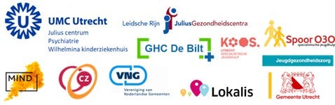 Logo's van de I-AM samenwerkingspartners: UMC Utrecht, Leidsche Rijn JuliusGezondheidscentra, GHC De Bilt, KOOS, SpoorO3O, MIND, CZ, VNG, Lokalis en Gemeente Utrecht.