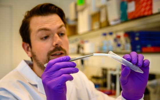 Researcher with a pincet and test tube.