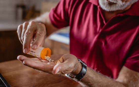 Man schudt vanuit potje tabletten op zijn hand