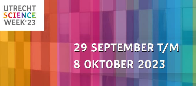 Logo van de Utrecht Science Week '23, met de tekst 29 september t/m 8 oktober 2023.