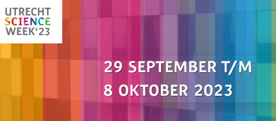 Logo van de Utrecht Science Week '23, met de tekst 29 september t/m 8 oktober 2023.