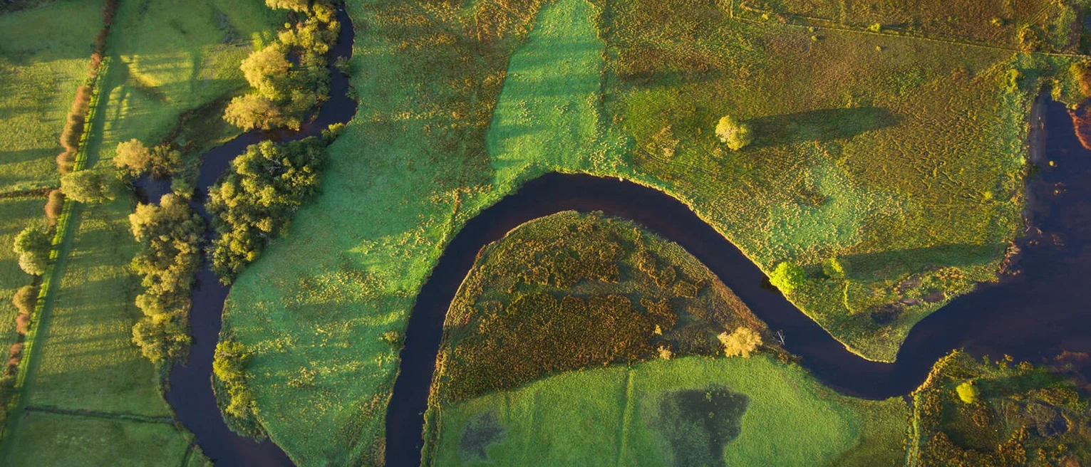 An arial view of the river Shannon meandering through green landscape.