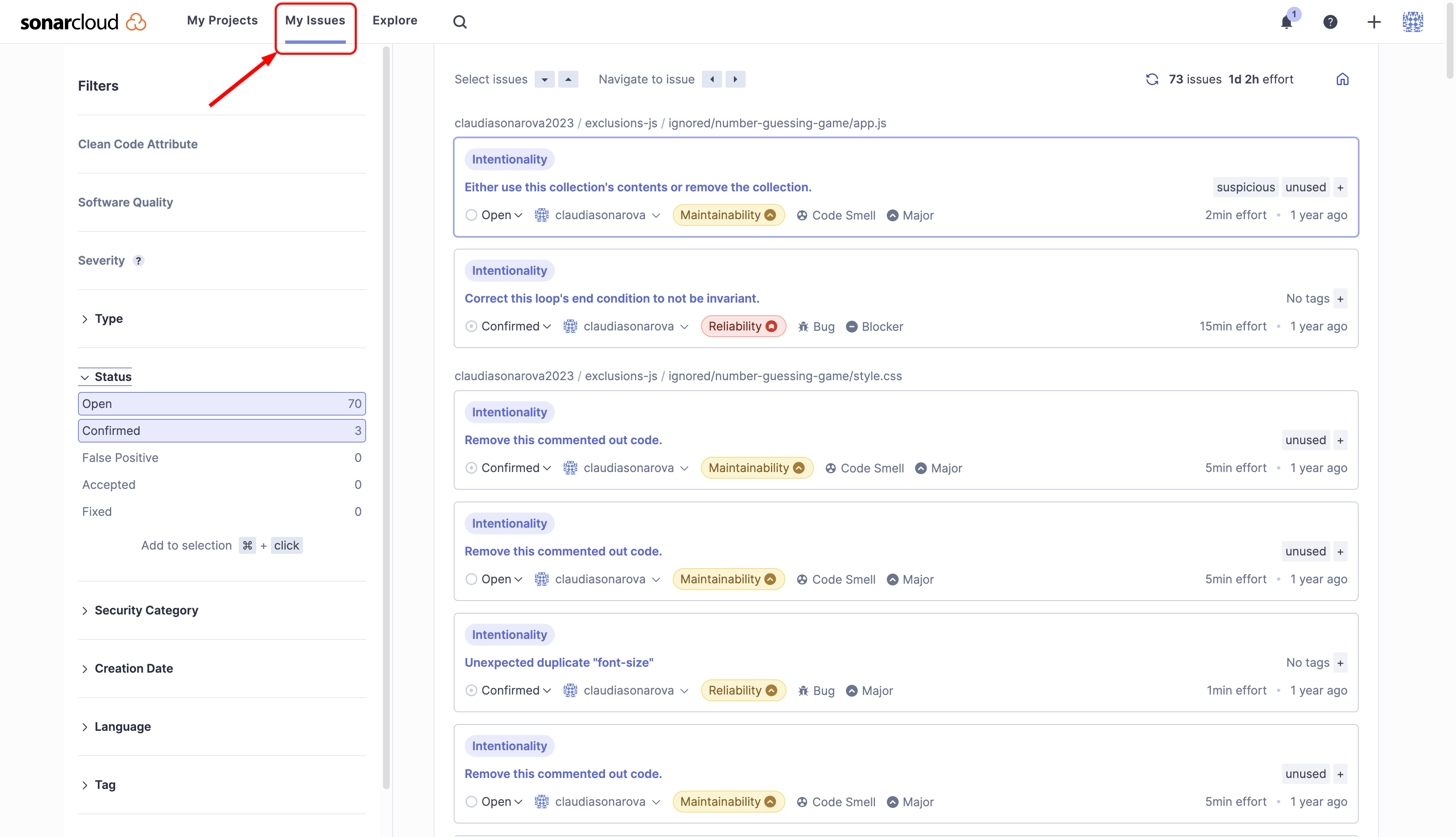 My Issues as found in the SonarCloud UI.