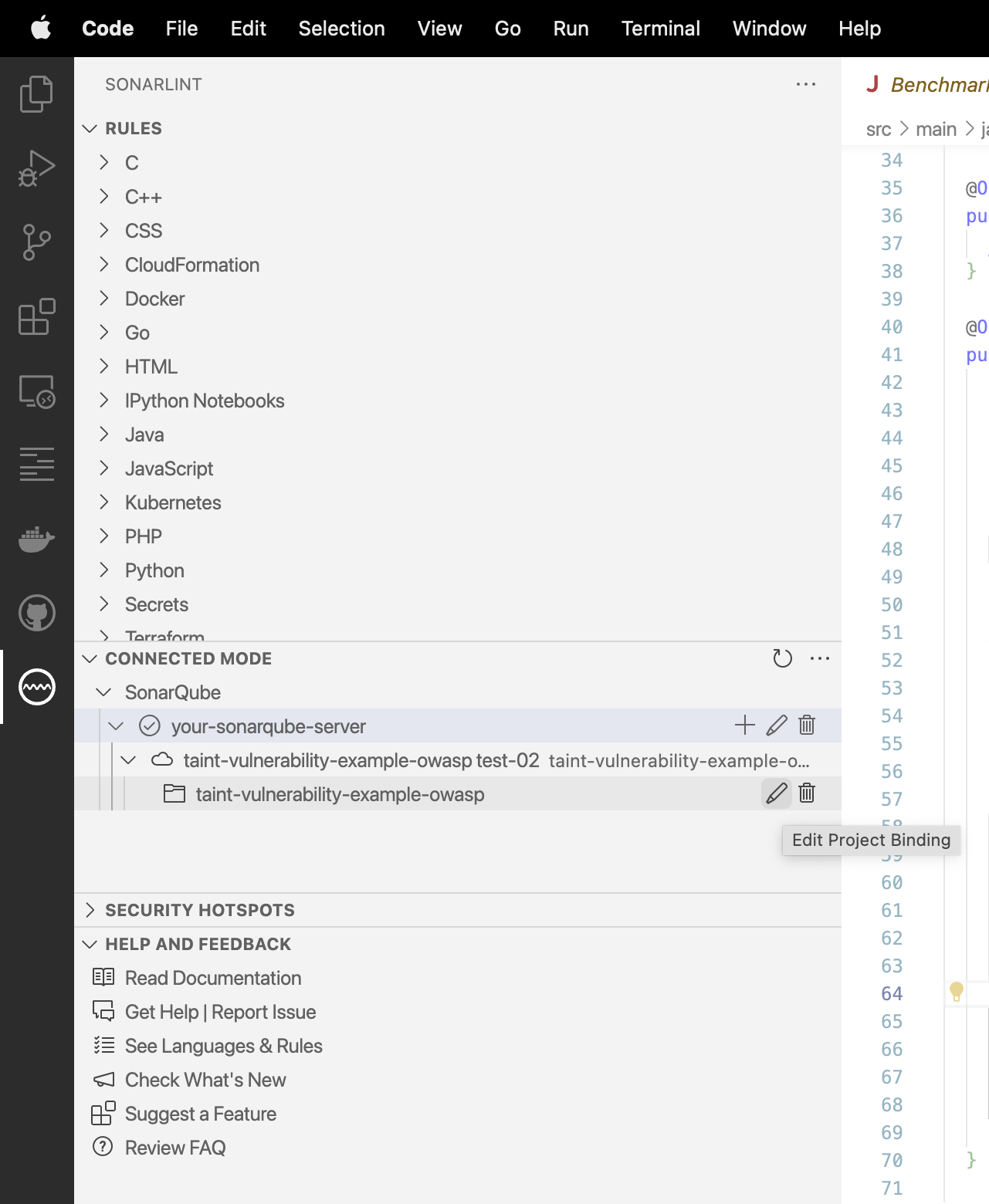 Select the pencil to edit your SonarQube or SonarCloud binding.