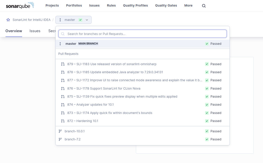 A view of your analyzed branches and pull request in SonarQube.