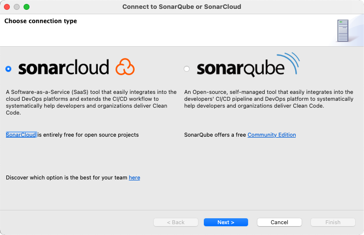 Choose SonarCloud and add server details to set up your connection with SonarLint.