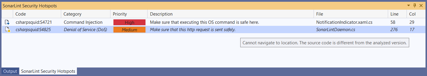 The error reads that SonarLint "Cannot navigate to location. The source code is different from the analyzed version."