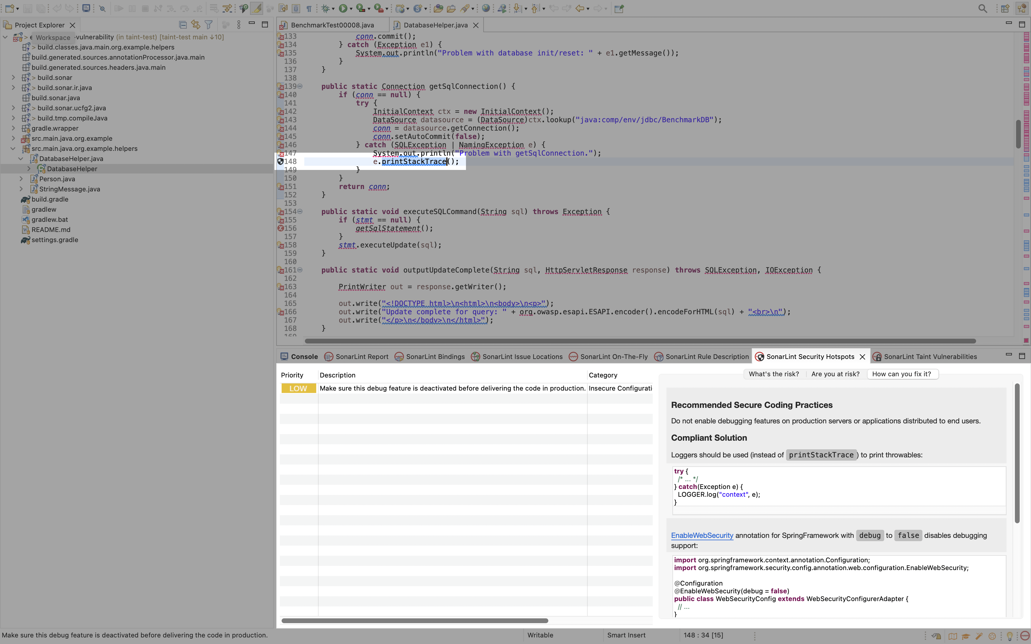 Viewing a security hotspot in Eclipse provides information about fixing the issue.