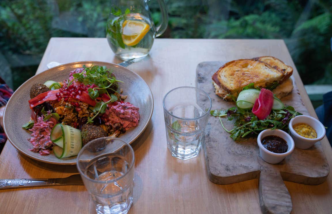 Two plates full of food; one a salad with cucumber and beets, the other a toasted sandwich, all served with lemon water.