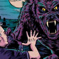 Cartoon type image with rear view of a man holding his hand up to stop a large aggressive wolf type beast.
