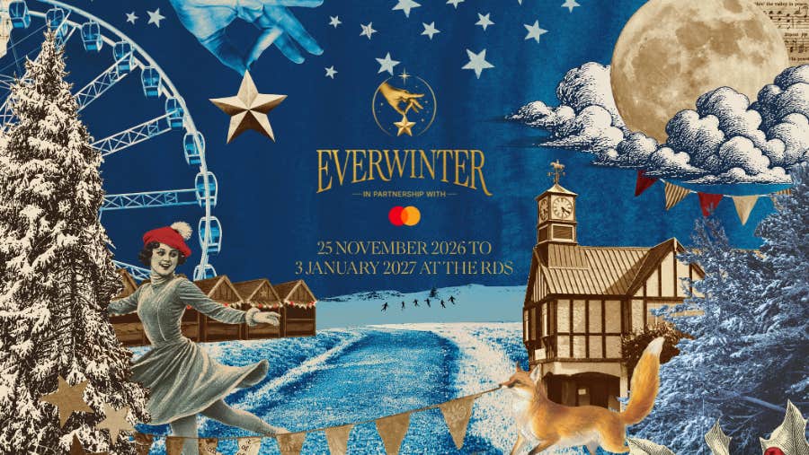 Hero image comprising all elements of Everwinter: a lady ice skating, big wheel, the RDS showgrounds, wooden chalets, moon and stars