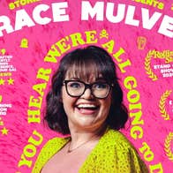 Grace Mulvey, Did You Hear We're All Going To Die? tour - a smiling woman in bright coloured dress against bright pink background surrounded by text quotes.
