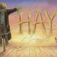 Lyngo Theatre presents Hay! Cartoon type image of a scarecrow and a young woman in a flowing dress surrounded by hay.