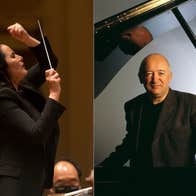 A man dressed in black leaning on a grand piano and a woman conducting with a baton.