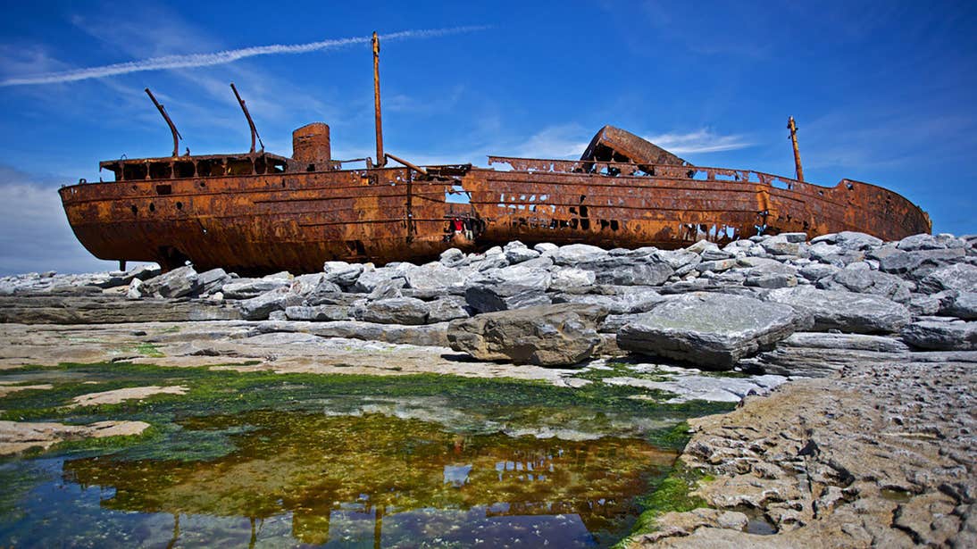 The rusting hull of Plassey Shipwreck on Inisheer, Aran Islands, Galway