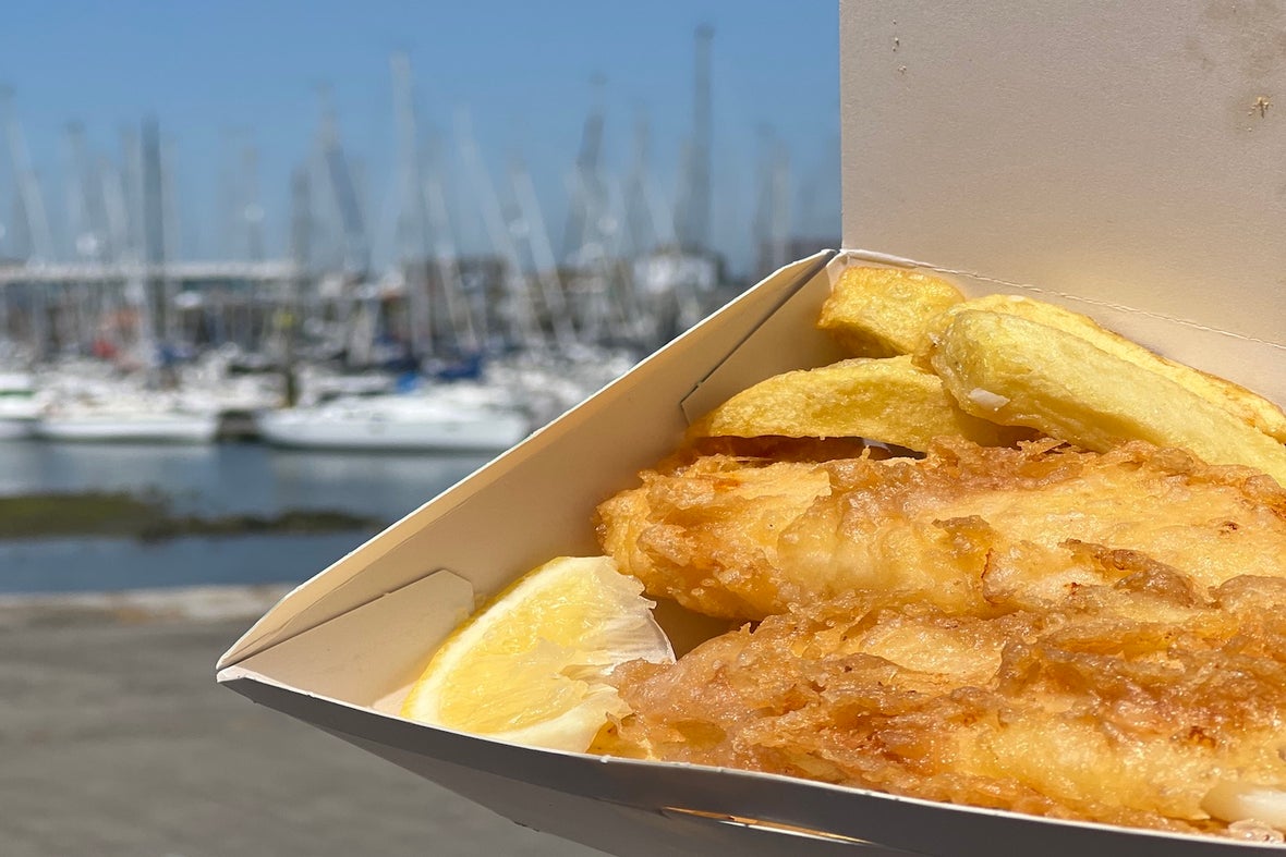 A tub of fish and chips from Beshoff Bros in Howth, Co Dublin.