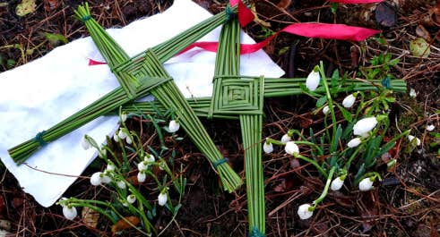 2 handmade green Brigid crosses on the ground with snowdrops and a white cloth