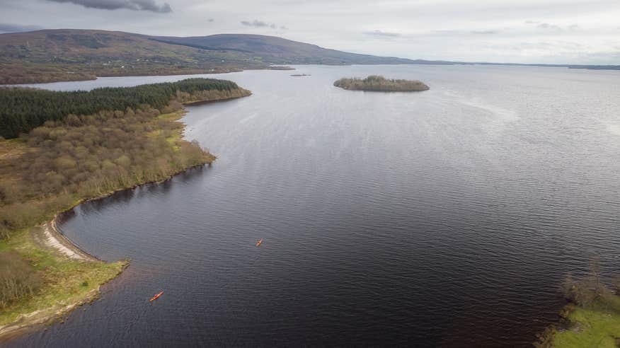 Aerial image of two people kayaking the River Shannon