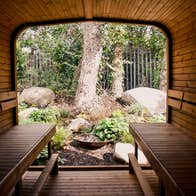 The interior of a wooden sauna cabin