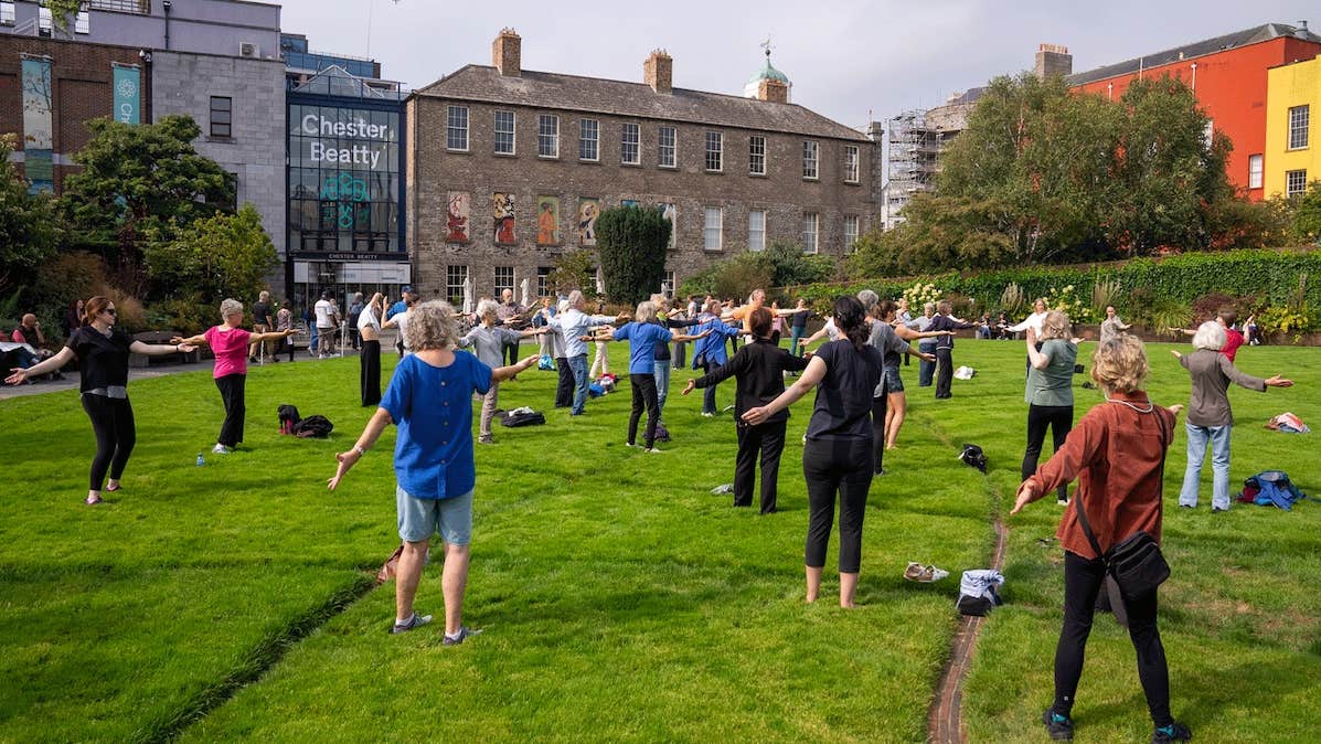 Qigong in the Dubh Linn Garden, a large group of people standing with arms outstretched, spread out over a large lawn with old building in the background