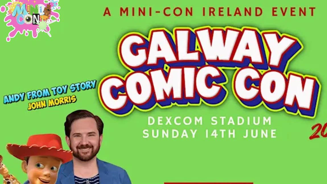 Bright green poster including smiling man and Jessie from Toy Story