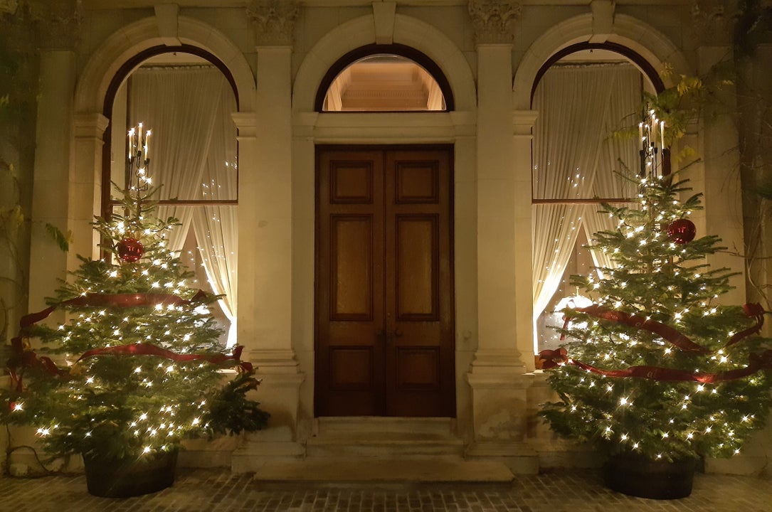 A grand, large front door with lit christmas trees either side at night.