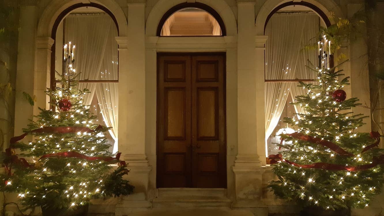 A grand, large front door with lit christmas trees either side at night.