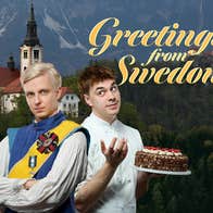 The Fit Prince - a young prince wearing a sash and medals with folded arms, behind is a chef holding a chocolate cake.