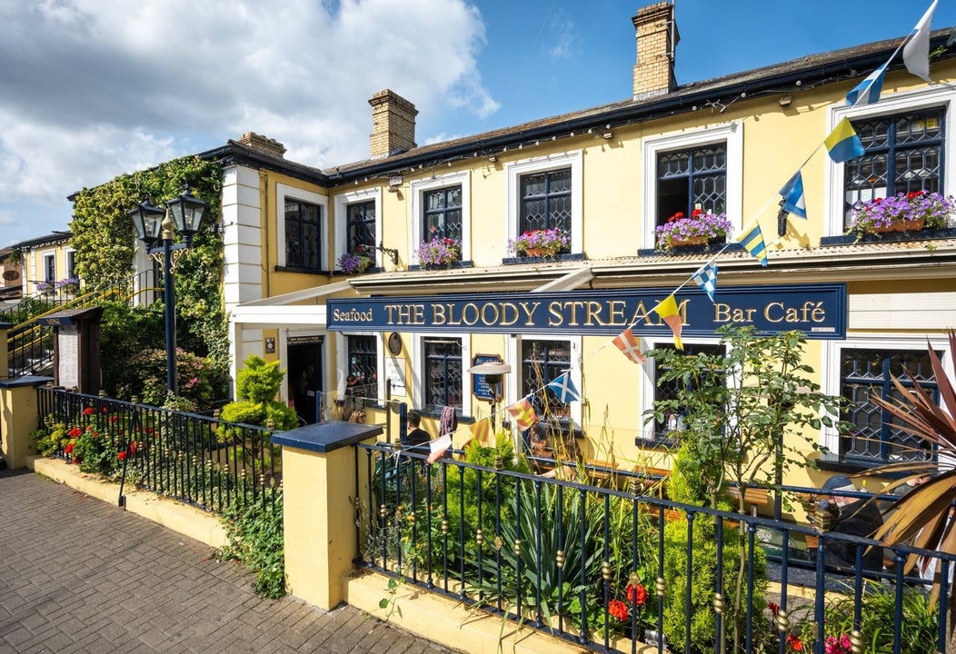 Exterior of a yellow pub with plants and blue railings in front