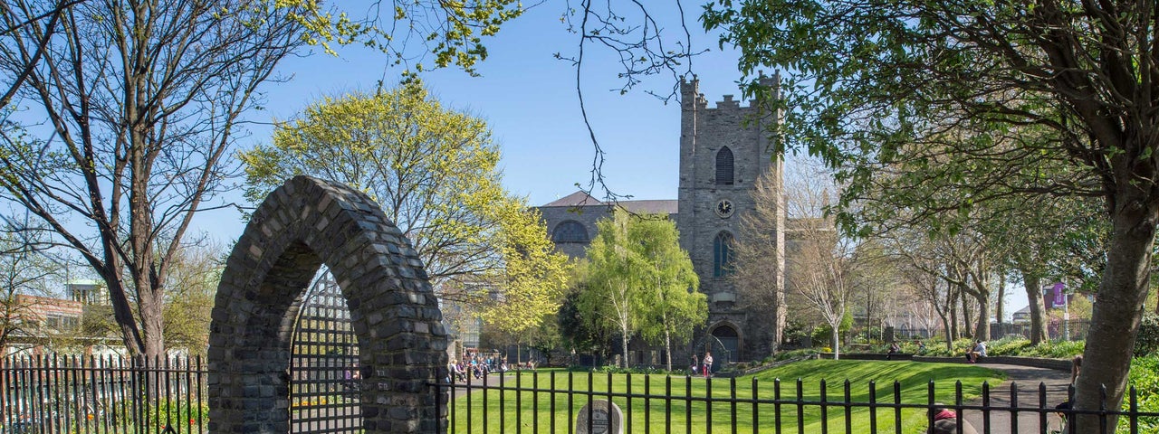 St Audoen's Church, the arch at the entrance and the park, Dublin City, County Dublin